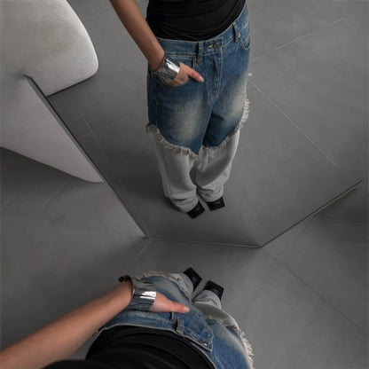 Distressed Patchwork Wide Leg Denim Pants