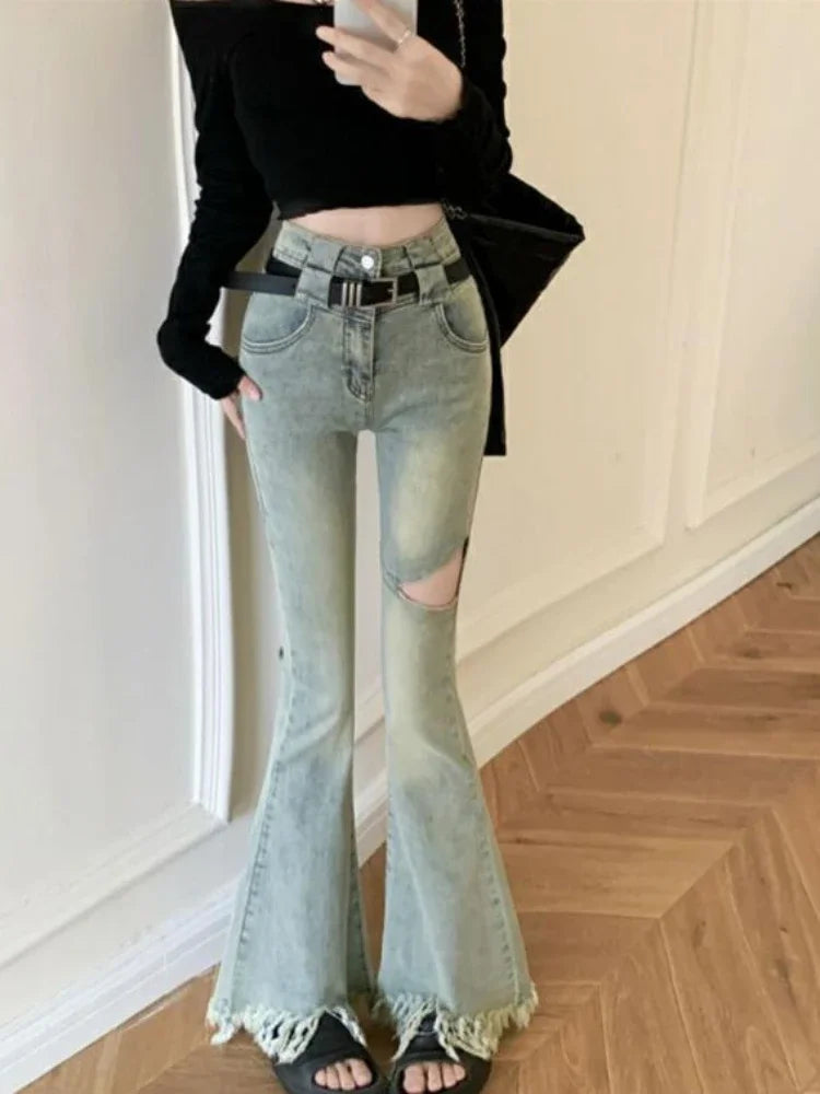 Women High Waist Tassel Denim Flare Jeans