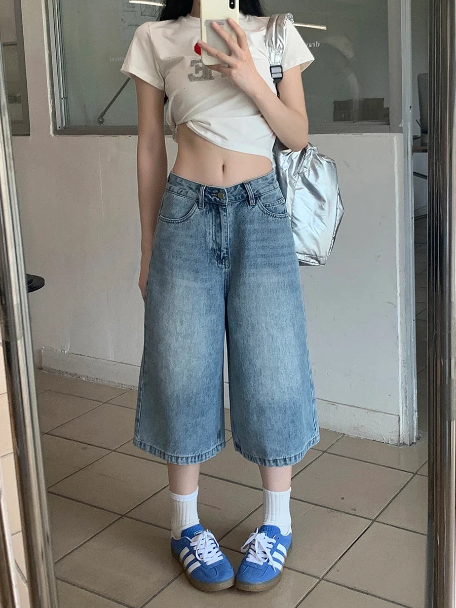 Versatile Blue Distressed Denim Baggy Jorts