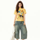 Retro Yellow Printed Slimming Short Sleeve T-Shirt
