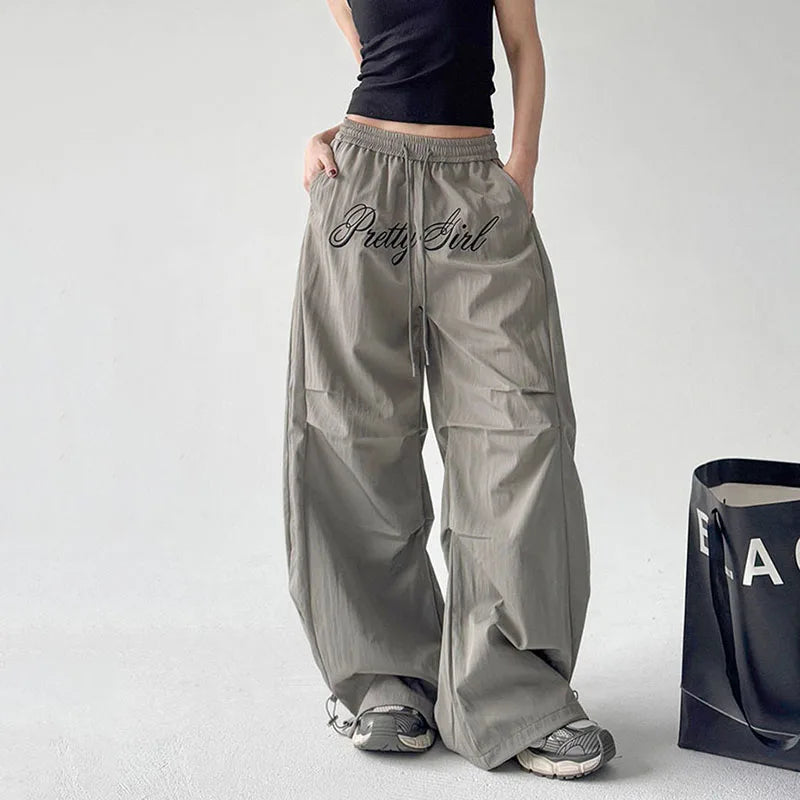 Gray Parachute Letter Embroidery Cargo Pants
