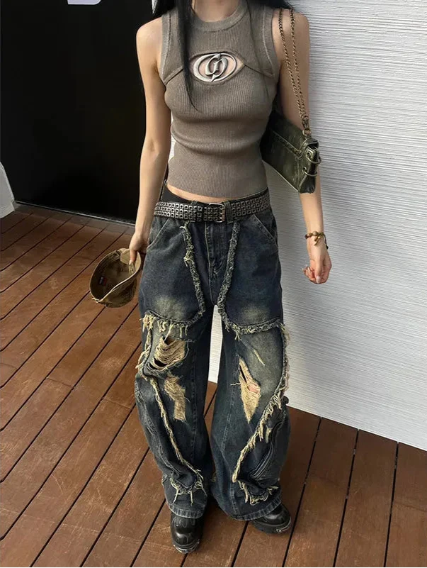 Y2K Women Vintage Blue Gothic Cargo Denim Jeans