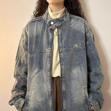 Blue Denim Zipper Casual Denim Jacket