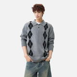 Y2K Diamond Pattern Polo Neck Knitted Sweater