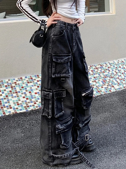 Black Washed Streetware Baggy Cargo Jeans
