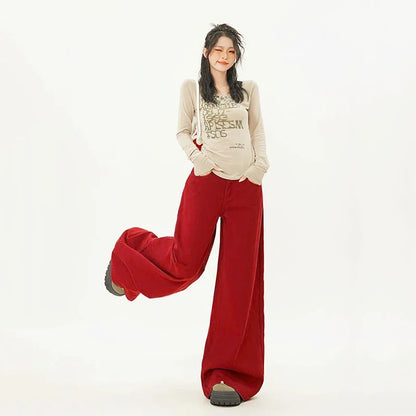 Trendy Cute Oversized Red Baggy Wide Leg Jeans