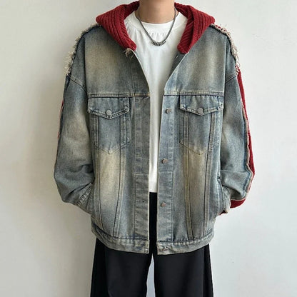 Trendy Knitt Hooded Raw Edge Denim Jacket