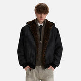 Chic Stripe Leopard Print Faux Fur Hooded Jacket