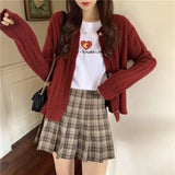 Women Classic Burgundy Knit with Heart Button Cardigan