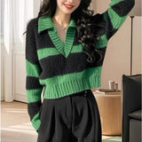 Vintage Green Striped Knitted Long Sleeve Sweater