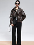 Casual Luxury Distressed Brown PU Leather Jacket