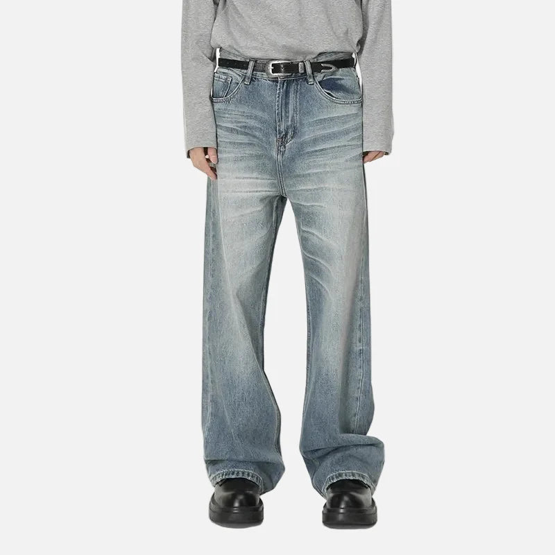 Blue Moustache Effect Washed Distressed Jeans