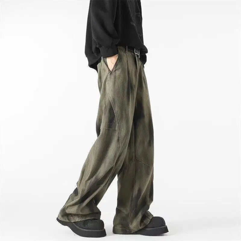 Distressed Tie Dye Denim Wide-Leg Jeans