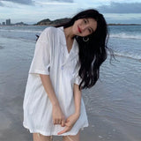Women White Button Down Casual Korean Style Shirt