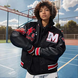 Men Retro Embroidered Leather Varsity Jacket