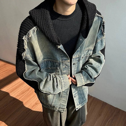 Trendy Knitt Hooded Raw Edge Denim Jacket