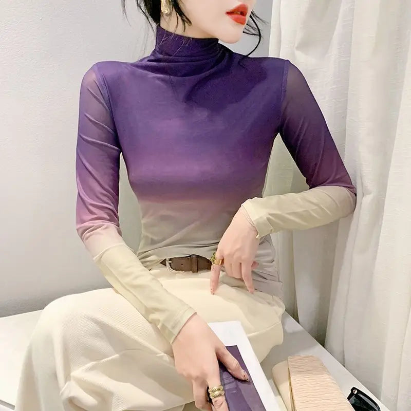 Chic Gradient Print Mesh Long T-Shirt