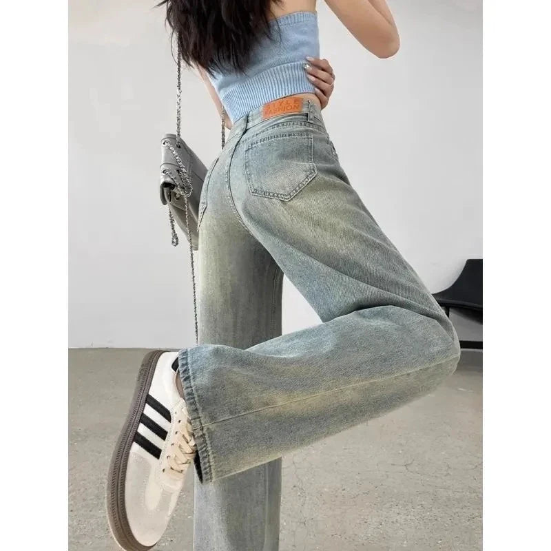 Retro Distressed High Waist Wide Jeans
