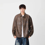 Trendy Faux Leather Lapel Button Jacket