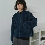Women Classic Vintage Navy Blue Warm Cardigan