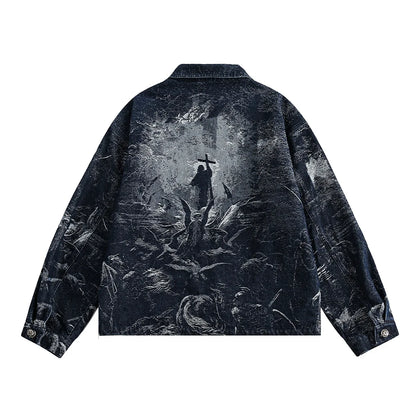 Dark Vintage Printed Denim Jacket Jeans