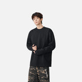 Distressed Solid Color Crew Neck Long Sleeve T-Shirt