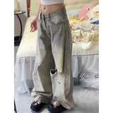 Streetwear Casual Vintage Grey High Waist Wide Jeans