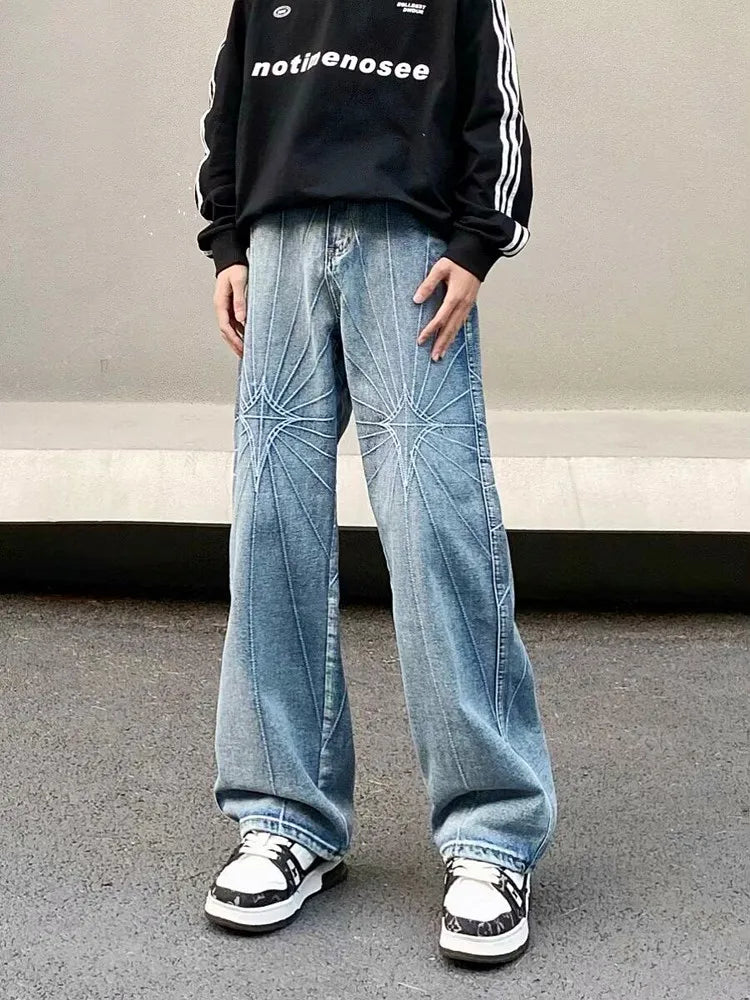 Blue Washed Gothic Punk Embroidered Jeans