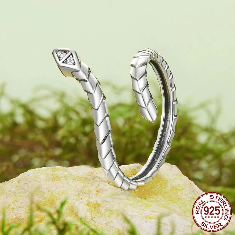 Adjustable Sterling Silver Snake CZ Band Ring