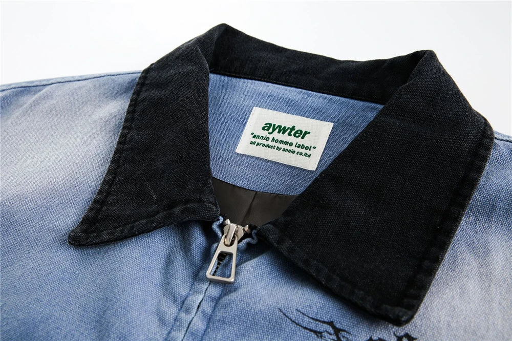 Trendy Streetwear Blue Distressed Denim Jacket