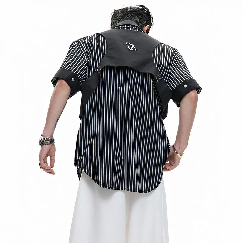 Men Clean Aesthetic Patchwork Short Sleeve Shirt