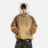 Thick Corduroy High Street Distressed Fur Hooded Jacket