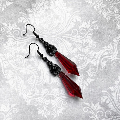 Gothic Black Bat Red Teardrop Earrings