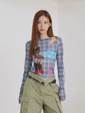 Blue Plaid Graphic Long Sleeve T-Shirt