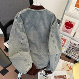 Vintage Distressed Denim Baseball Varsity Jacket