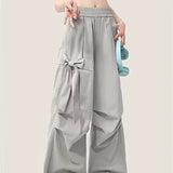 Women Elastic High Waist Gray Cargo Pants