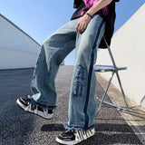 Streetwear Blue Goth Letter Print Cool Jeans