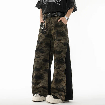 American Style Zipper Split Camouflage Wide-Leg Jeans