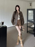 Women Retro Moto Bike Casual Style Leather Jacket