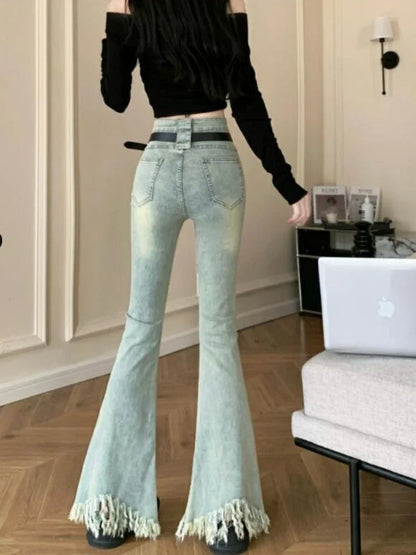 Women High Waist Tassel Denim Flare Jeans