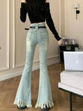 Women High Waist Tassel Denim Flare Jeans