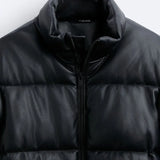 Thick Faux Leather Standing Collar Jacket