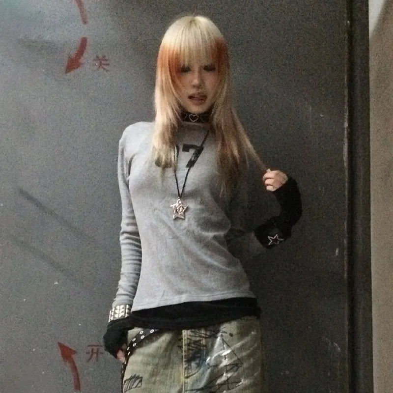 Gothic Vintage Number Print Patchwork T-Shirt