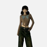 Y2K Butterfly Hole Knitted Zipper Crop Cardigan