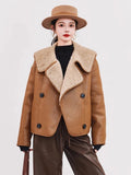 Women Warm Shearling Double Breasted Aviator Leather Jacket