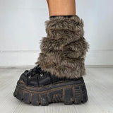 Model wearing the brown Cozy Knit Leg Warmers