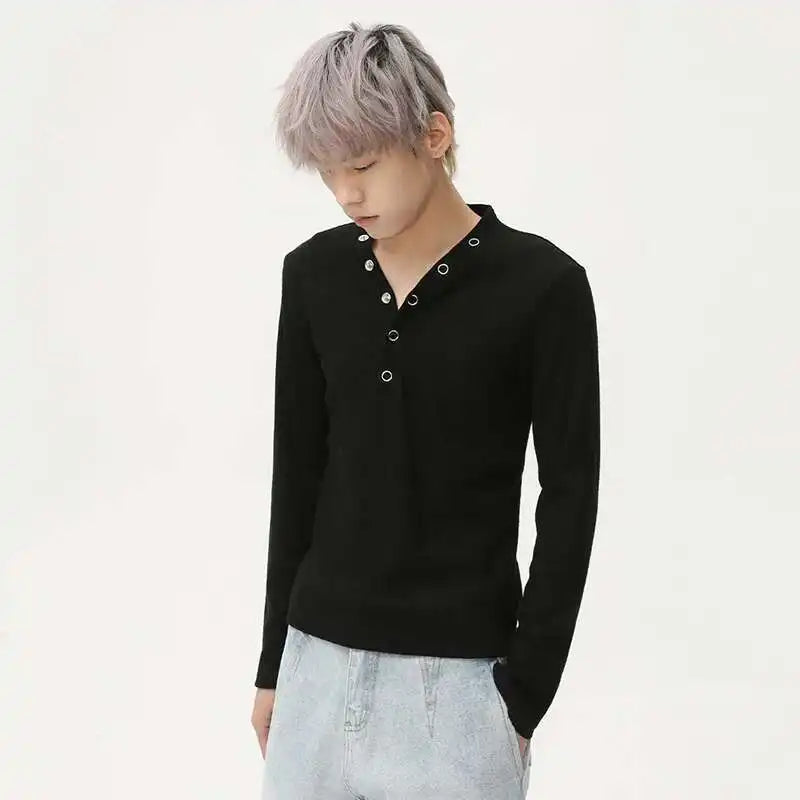 V-neck Knitting Button Long Sleeved T-shirts