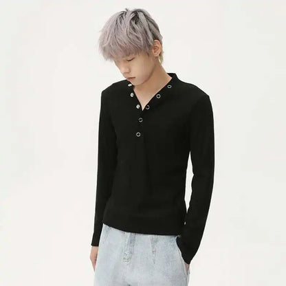 V-neck Knitting Button Long Sleeved T-shirts