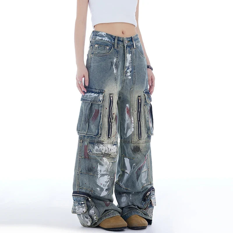 Cloud-Soft Graffiti Contrast Color Denim Jeans