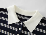 Women Casual Striped Knit Sleeveless Button Collar T-Shirt
